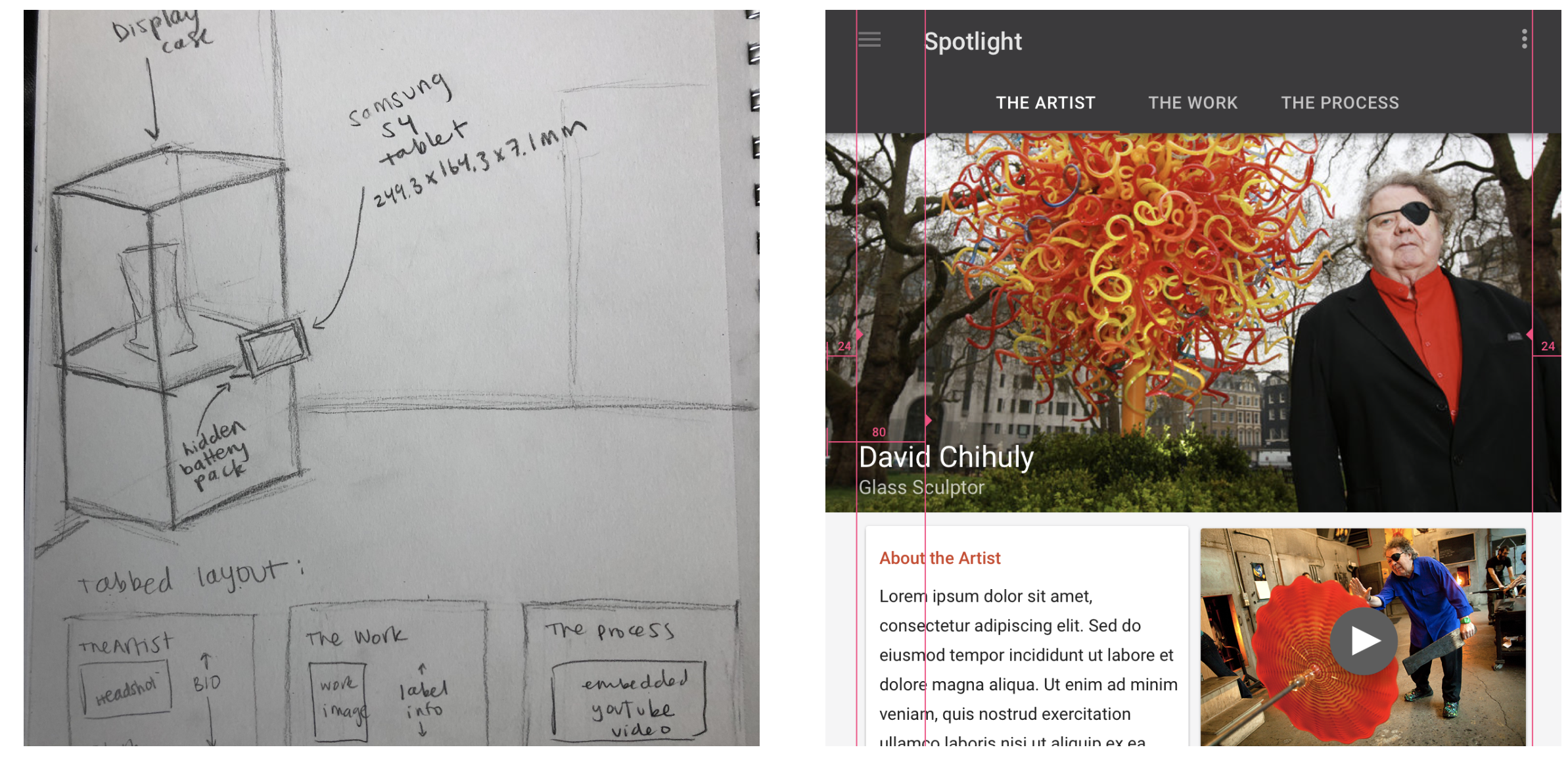 Left: Initial sketch of the object label; Right: A wireframe of what the homepage of the label might look like.